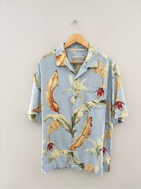 Tommy Bahama 100% Silk Tropical Hawaiian Shirt Blue Floral Men’s XL